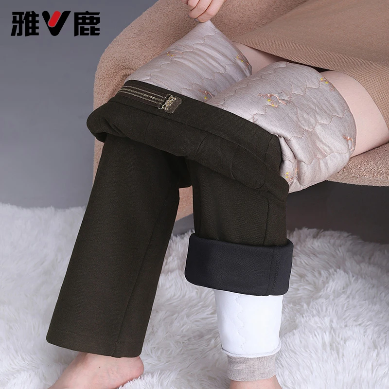 雅鹿羊毛呢直筒蚕丝棉裤外穿女士高腰冬季中年妈妈夹棉加厚阔腿裤