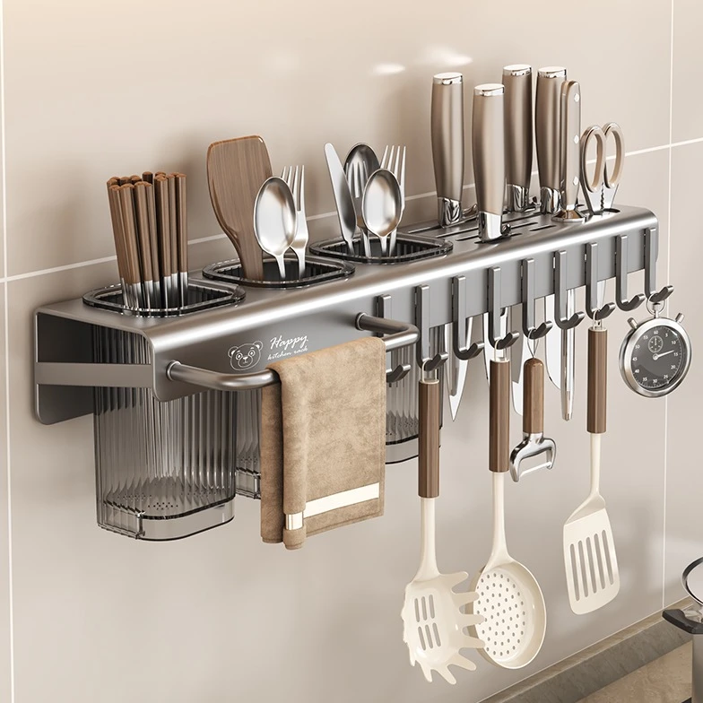 新款厨房刀架家用收纳沥水壁挂式置物架免打孔筷筒承重多功能刀具
