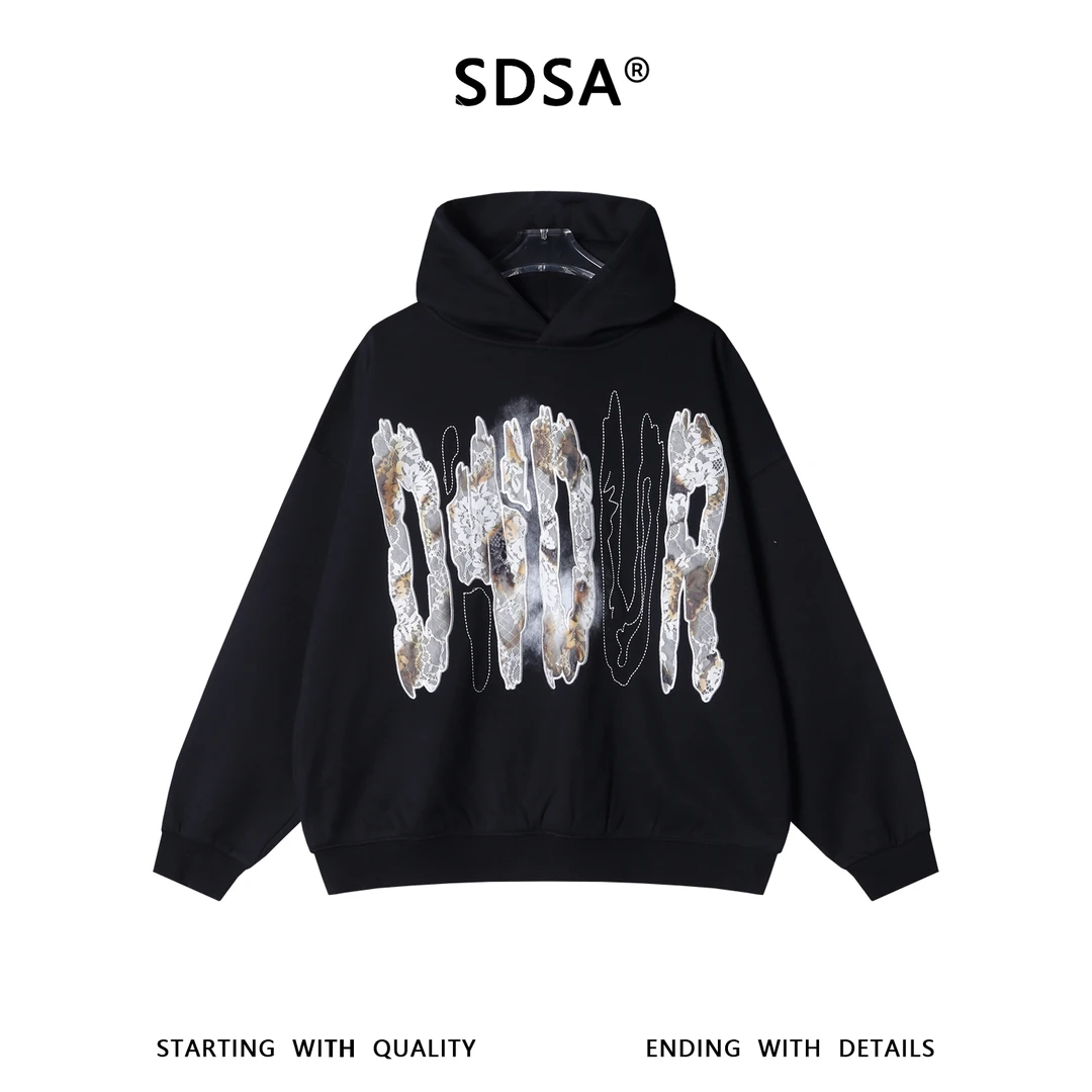 SDSA男士秋冬新款痞帅男装重工蕾丝刺绣字母连帽卫衣潮牌百搭上衣