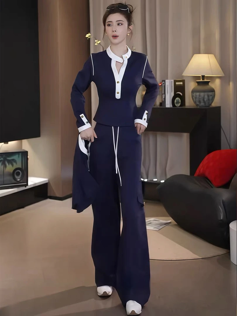 休闲套装女2025秋季新款时尚百搭休闲撞色上衣高腰阔腿裤两件套女