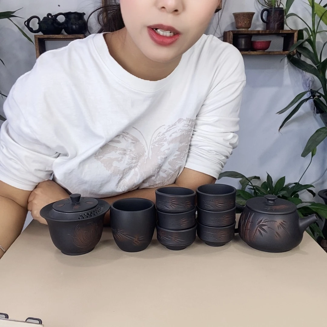 绵**Z建水紫陶300竹子九件套