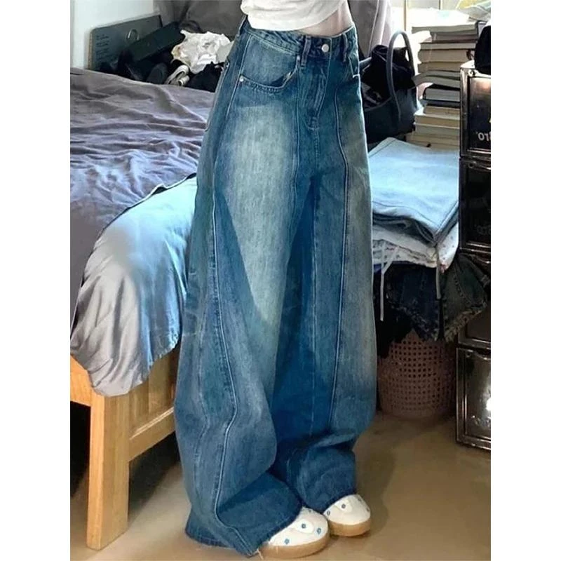 美式复古水洗解构感弯刀牛仔裤女春季高腰显瘦宽松垂感拖地长裤子