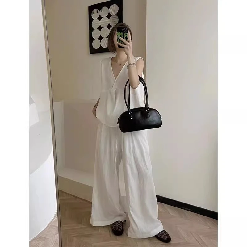 新款设计感韩系v领无袖背心时尚套装女2025夏季上衣阔腿裤两件套