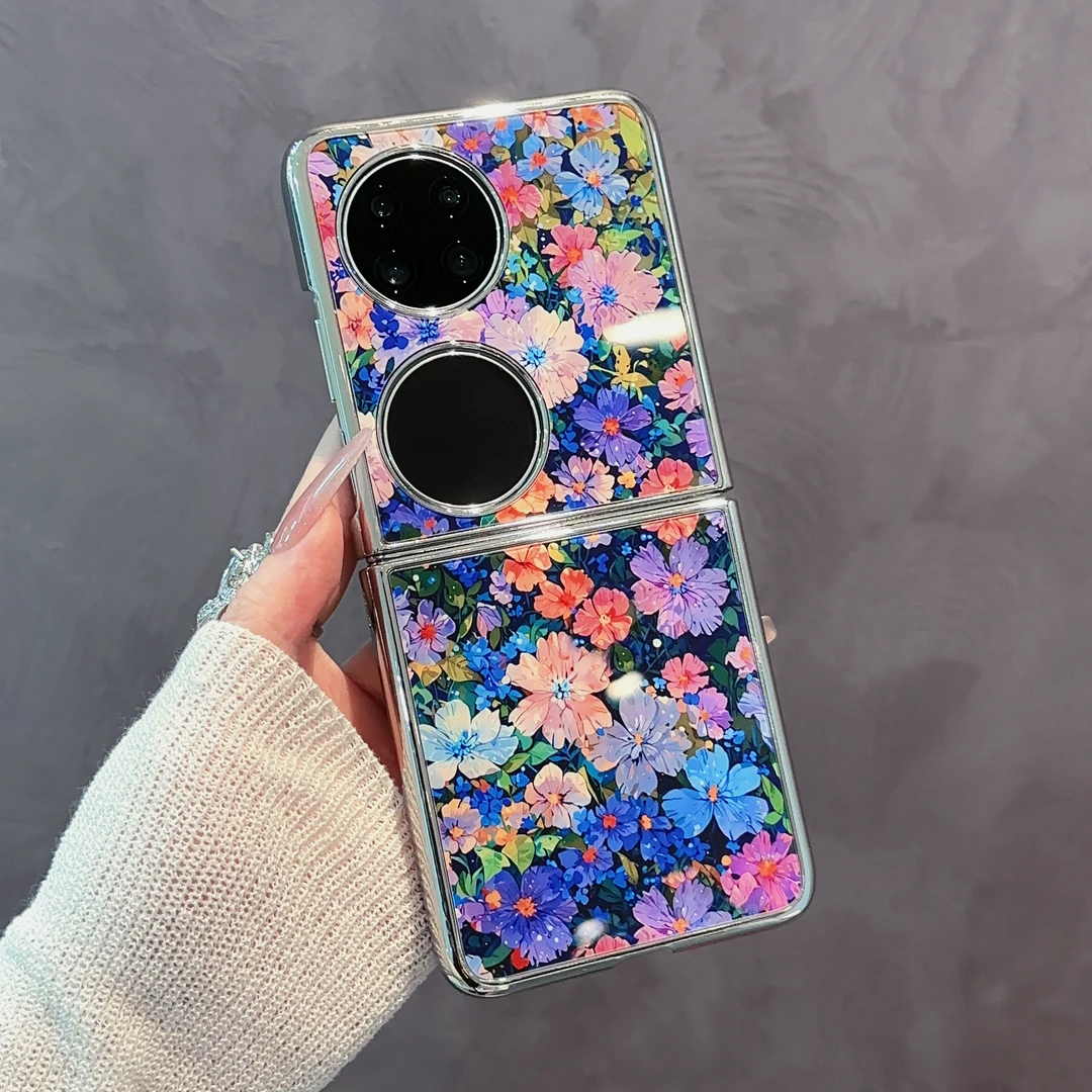 适用【华为P50POCKET】花海电镀玻璃折叠机全包防摔高颜值手机壳女