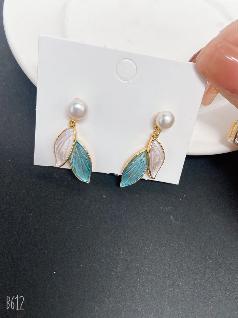 天然淡水珍珠A20#复古树叶气质款白珠耳环