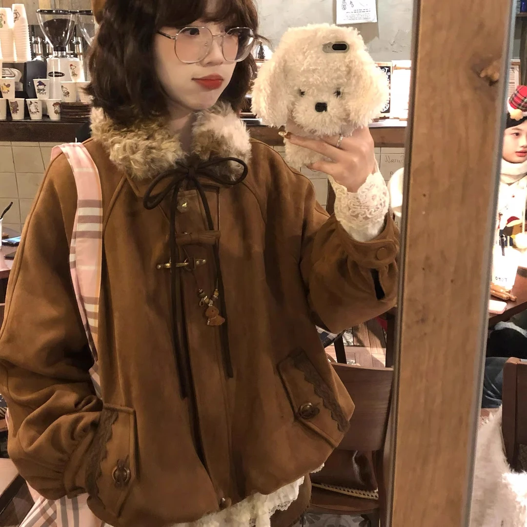 可拆卸毛领美拉德棕色夹棉花苞棉衣外套女秋冬季宽松保暖防寒棉服