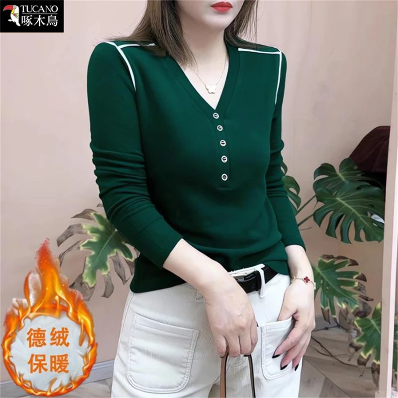 啄木鸟冬季德绒长袖上衣简约通勤新款V领拼接撞色T恤休闲减龄女装