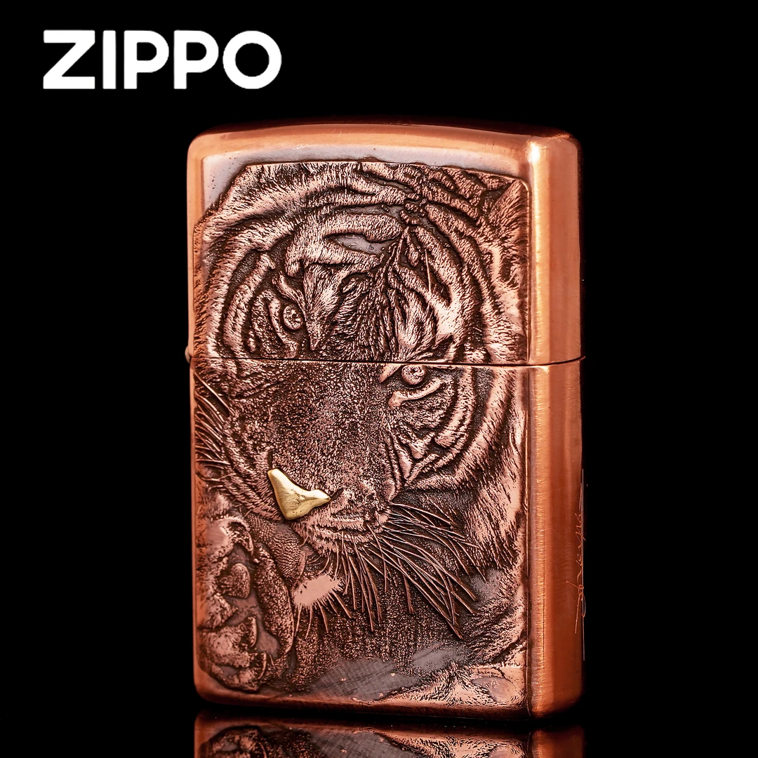 ZIPPO打火机正品/紫铜重甲【卧虎】双面浮雕黄铜镶嵌【达人专属】