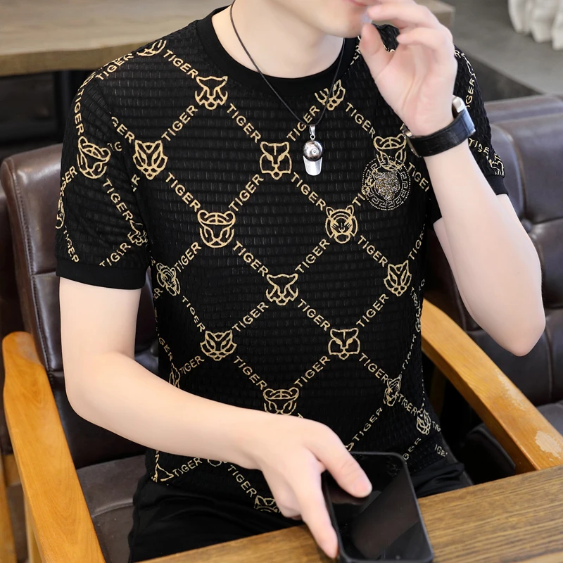 夏季烫钻冰丝短袖t恤男休闲宽松镂空凉爽新款男士针织衫欧货薄款T