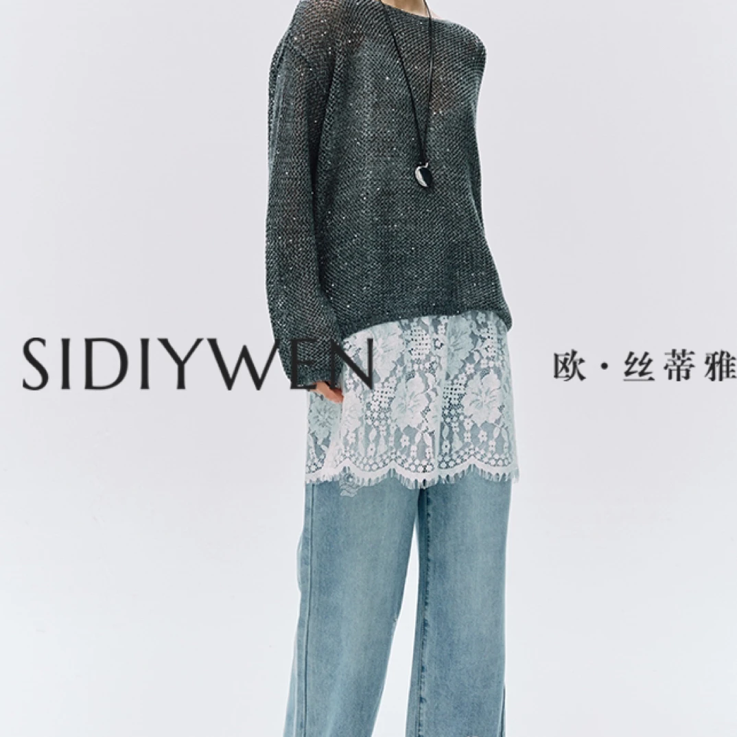 soodyoow嬉皮士风格蕾丝拼接高腰阔腿牛仔裤时尚秋季宽松镂空