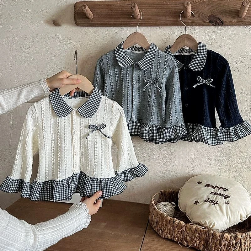 【甜美娃娃领】新款女童针织衫 儿童假两件洋气百搭打底衫