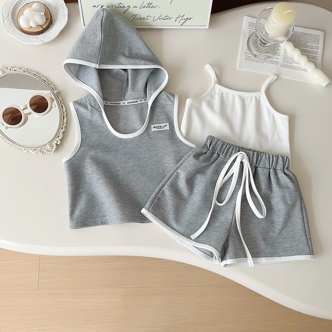 2025新款女童夏季网红三件套薄款运动休闲女宝连帽套装S24378