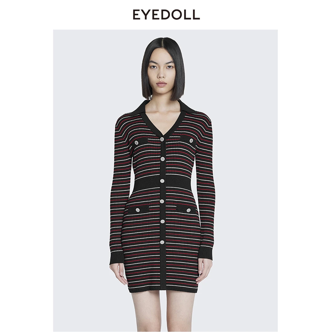 【媛媛女王专享】EYEDOLL秋新款条纹长袖针织连衣裙DOC001Z