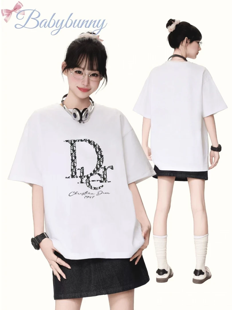 【潮牌】D字母纯棉T恤2025夏季新品男女同款微落肩百搭短袖