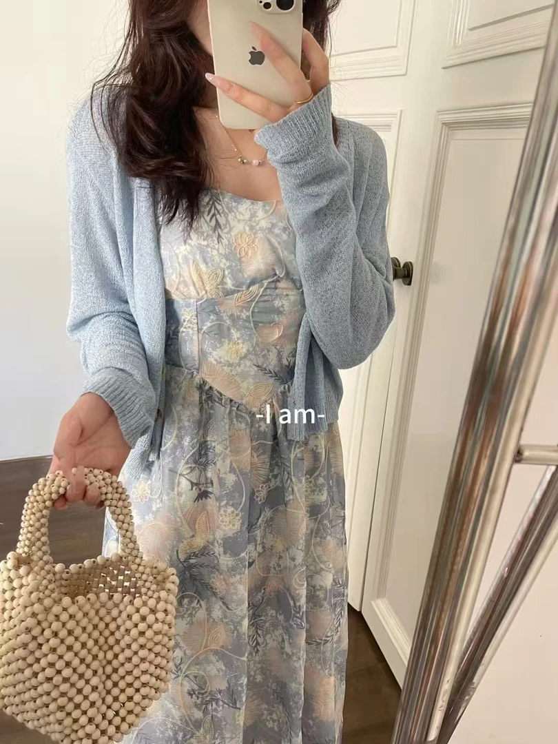 夏季新款法式温柔重工刺绣印花连衣裙梨形身材长款显瘦吊带碎花裙