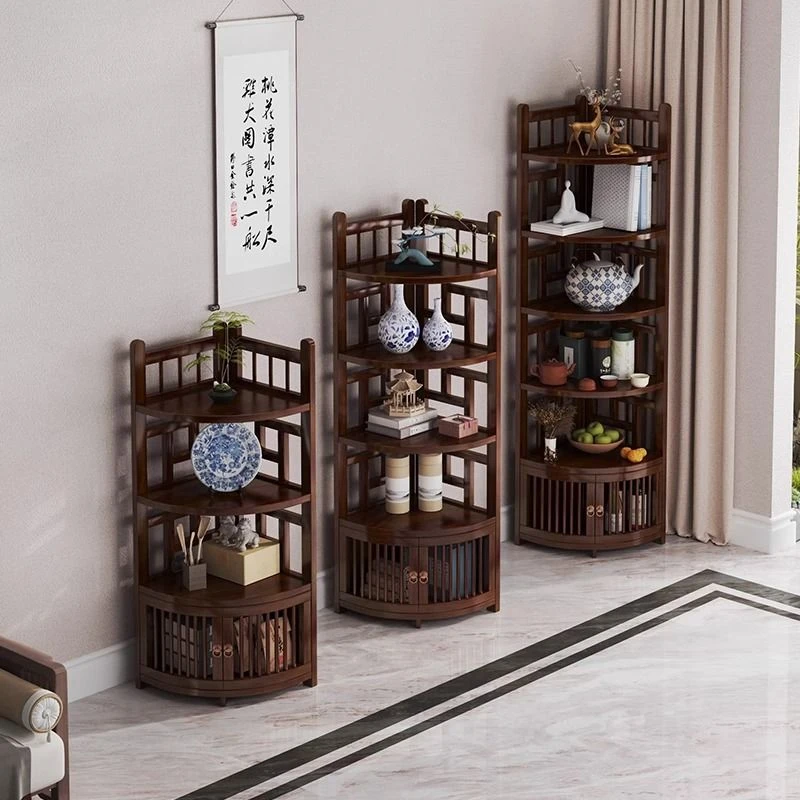新中式扇形竹质环保储物架多层落地式喷漆工艺茶叶展示柜博古架
