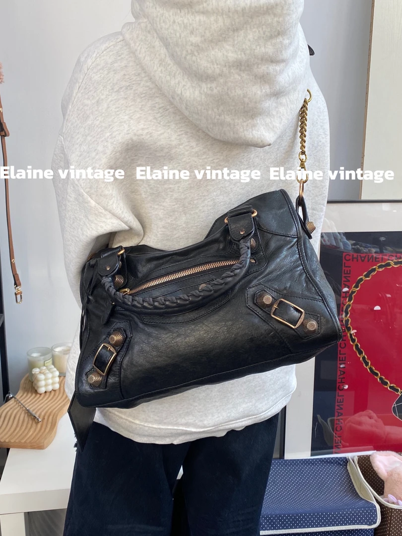 95新 Balenciaga/巴黎世家 黑金菠萝扣大钉机车包中号（37cm）