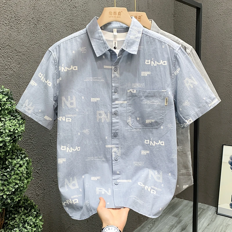 夏季短袖印花男衬衣帅气上衣潮流百搭印花短袖痞帅薄款纯棉衬衫潮