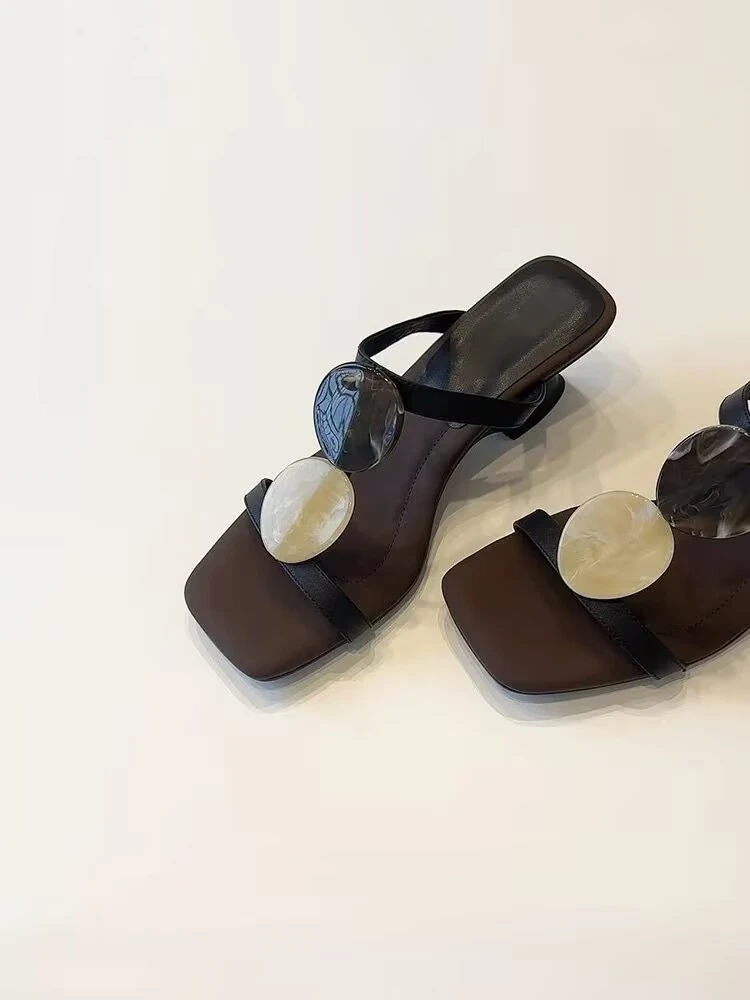 设计感小众5cm异形跟高跟鞋方头穆勒半拖外穿拼色露趾凉拖鞋女夏