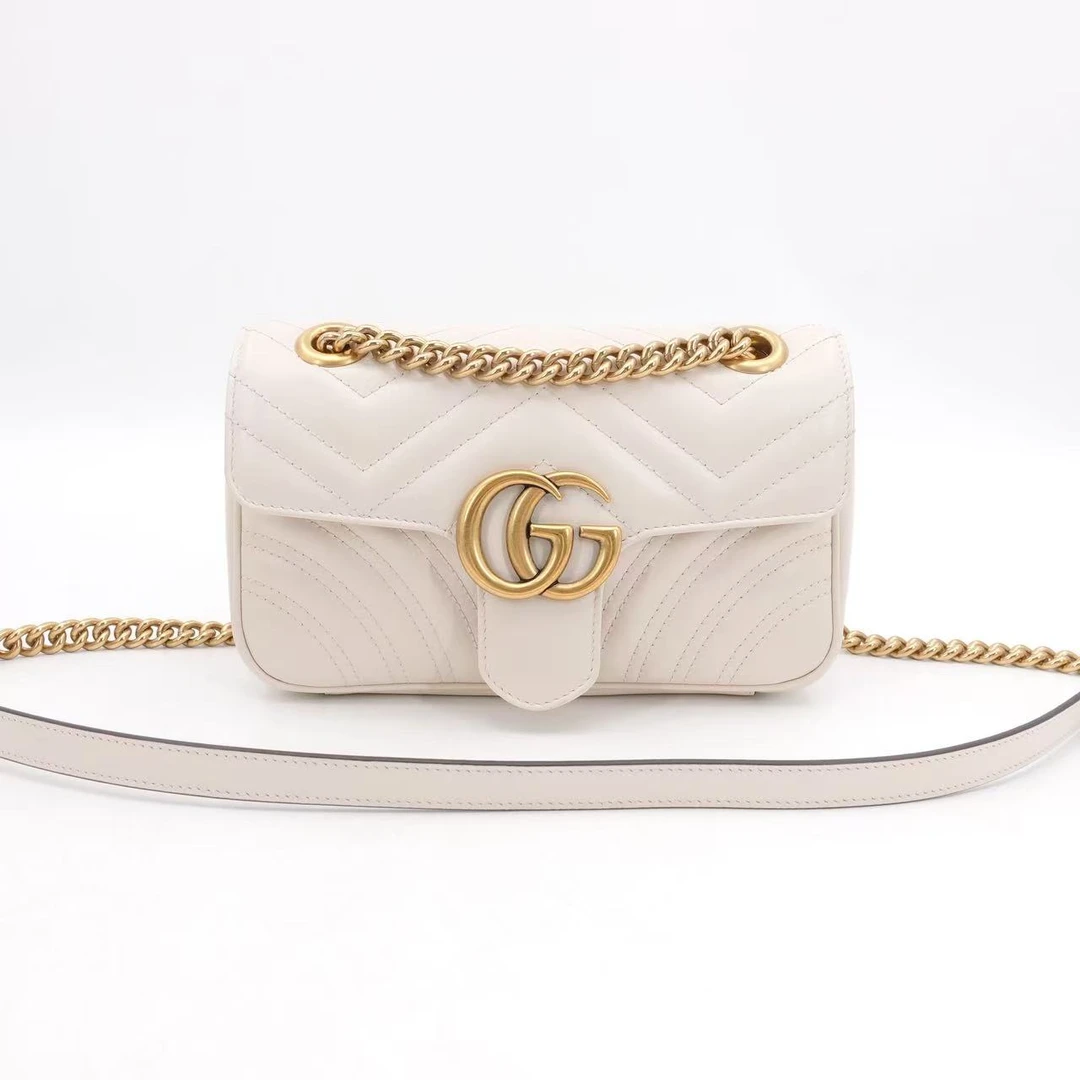 95新 GUCCI/古驰 GGS古驰马蒙小号白色金扣牛皮单肩包/58682876