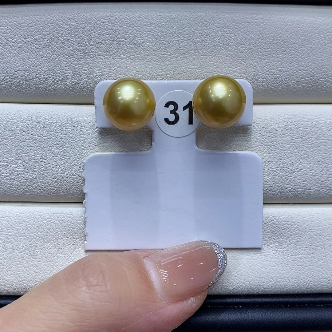 海水珍珠18K金镶嵌耳饰10到11点位浓茶金珠