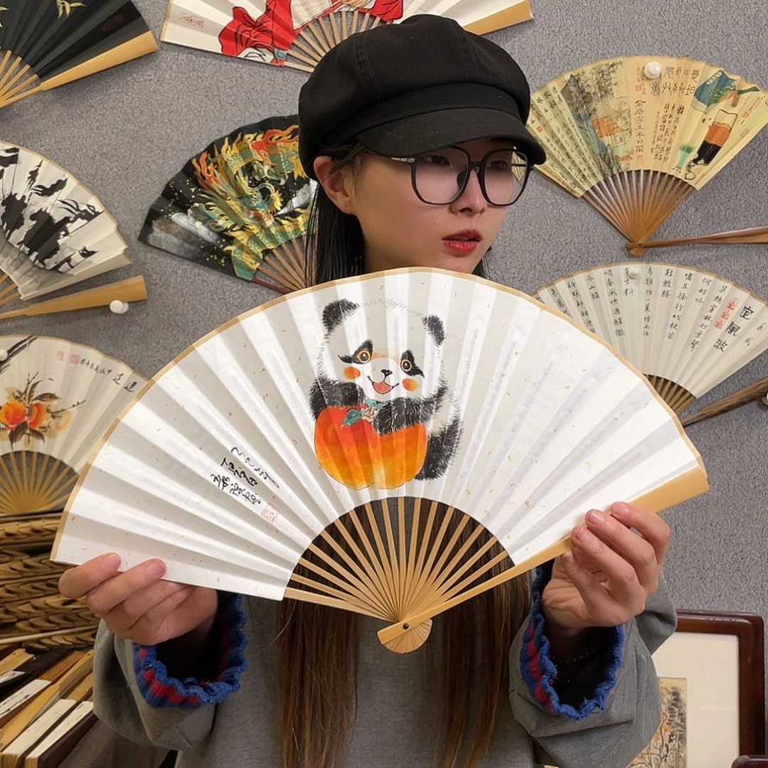 国画8寸玉竹-纯手绘-文玩扇骨（默认粘好）