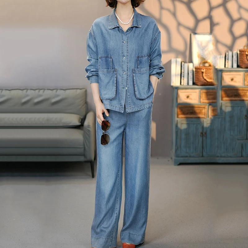 8820-6842蓝色套装2025夏季新款莱赛尔长袖衬衫裤子上衣九分裤-1