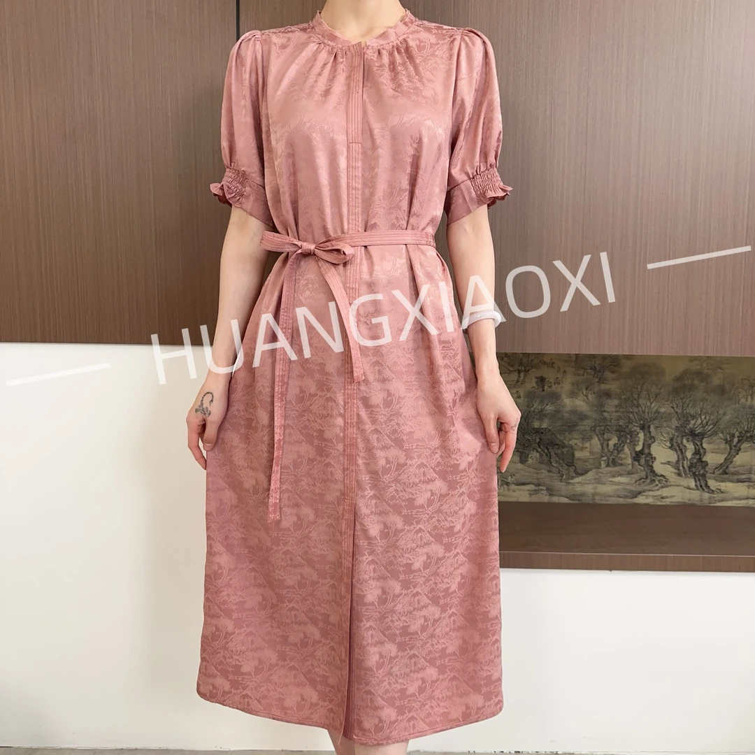 HUANGXIAOXI 胭脂粉色织山水提花减龄泡泡袖气质连衣裙ZF-779