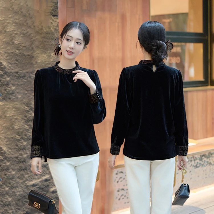 2025秋冬新款气质高雅复古气质金钻绒打底衫独特漂亮小衫8357