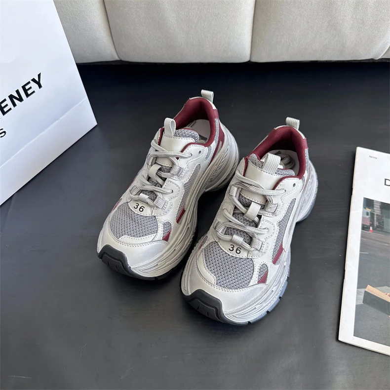 886-87（单里）真皮厚底增高老爹鞋女秋时尚百搭轻便透气休闲运动鞋