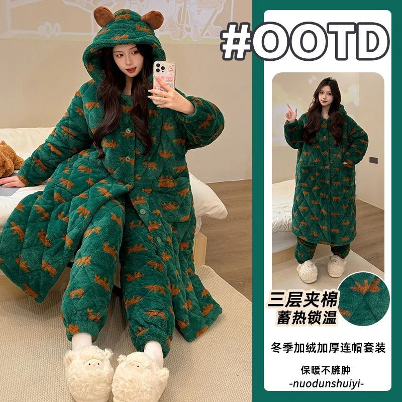 加绒加厚三层夹棉珊瑚绒2025秋冬款睡袍女士保暖舒适家居服可外穿