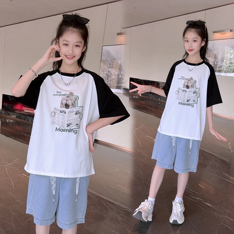 【120-180码】女童套装夏季短袖T恤中大童牛仔五分中裤夏款两件套