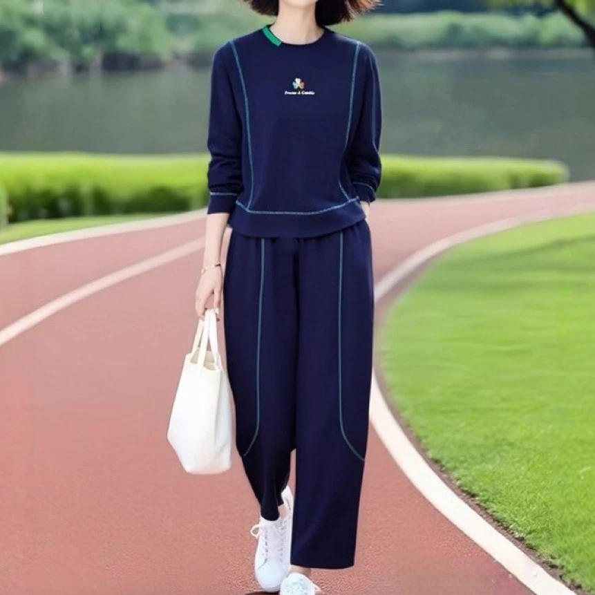 素雅订制女装原创品牌新款撞色圆领长袖卫衣女款宽松撞色卫衣套装