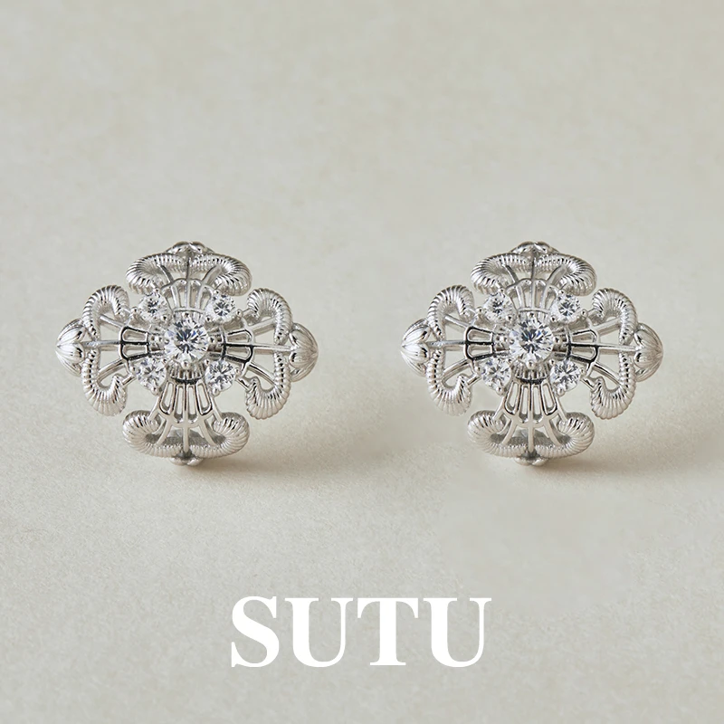 925银合成锆石耳饰 素图蕾丝耳钉精致独特小众设计弧面轻奢高级