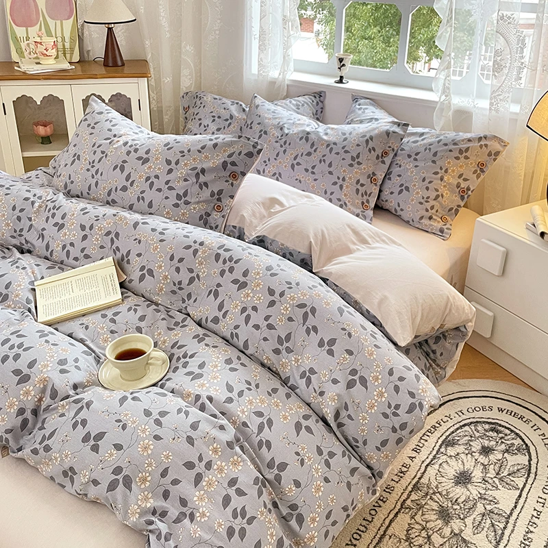 新品【纽扣款全棉纯棉四件套】超柔裸睡复古小碎花纯棉四件套床单