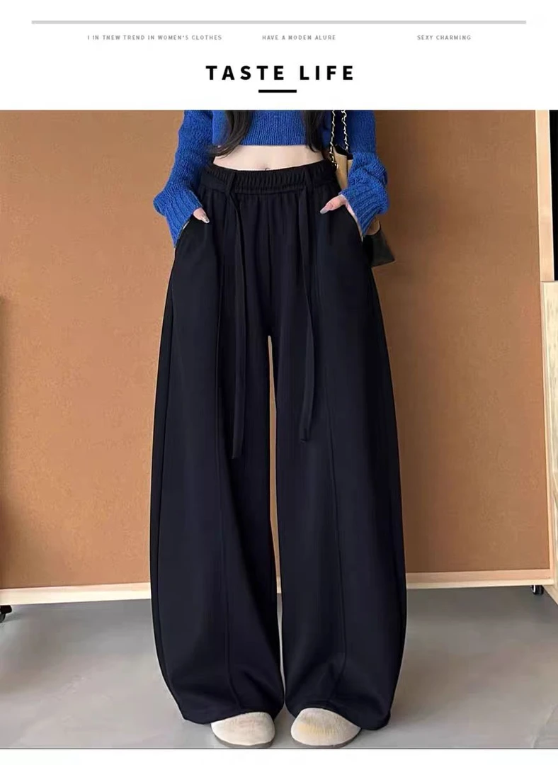 休闲阔腿裤口袋弯刀裤夏季百搭运动裤休闲裤高腰