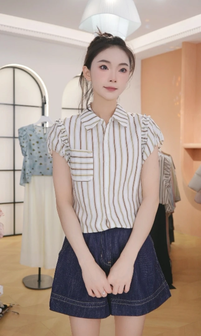 F欧洲站短袖条纹衬衫夏季薄款宽松休闲设计感拼接木耳边小衫