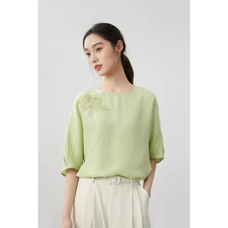 【冠乐绉绣花】数兰朵100%桑蚕丝气质连肩五分袖 刺绣真丝上衣