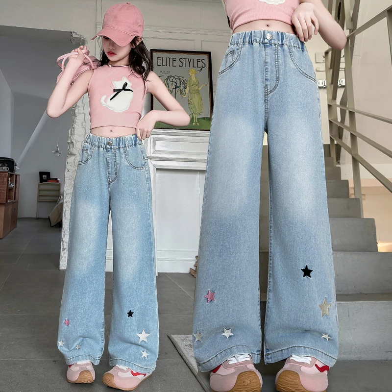 女童洋气五星牛仔阔腿裤夏季儿童宽松休闲直筒裤中大童百搭长裤子