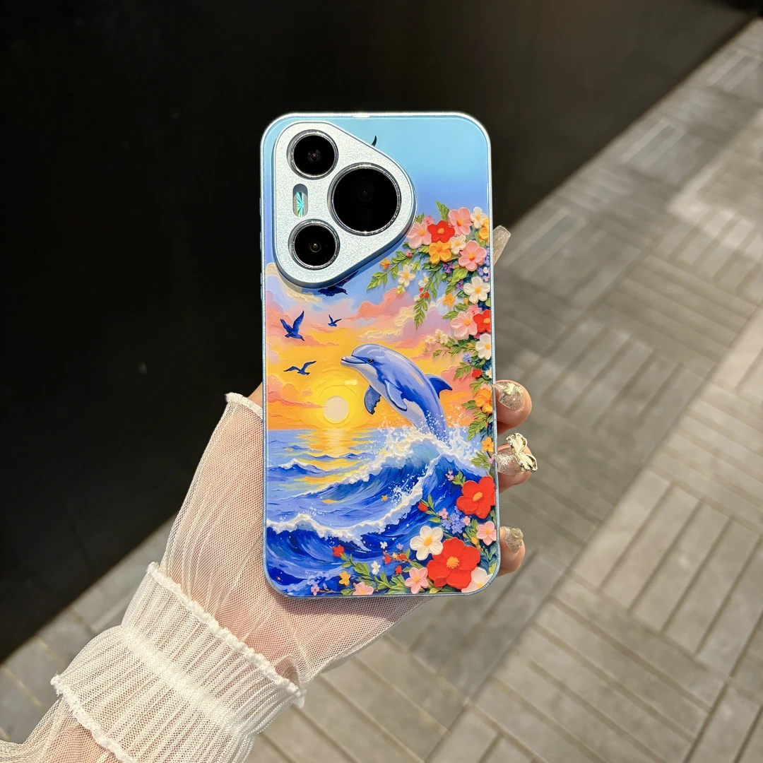 苹果/华为/oppo/vivo/小米 油画海豚适用pura70肤感玻璃手机壳