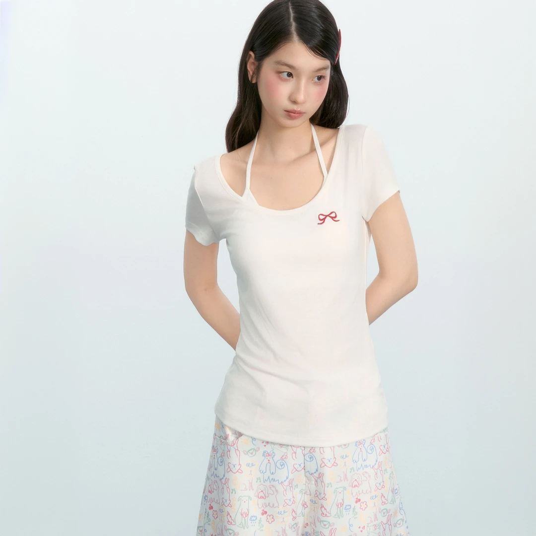 NTOT（新umoumo）夏季U型领蝴蝶结刺绣设计垂感短款T恤25201