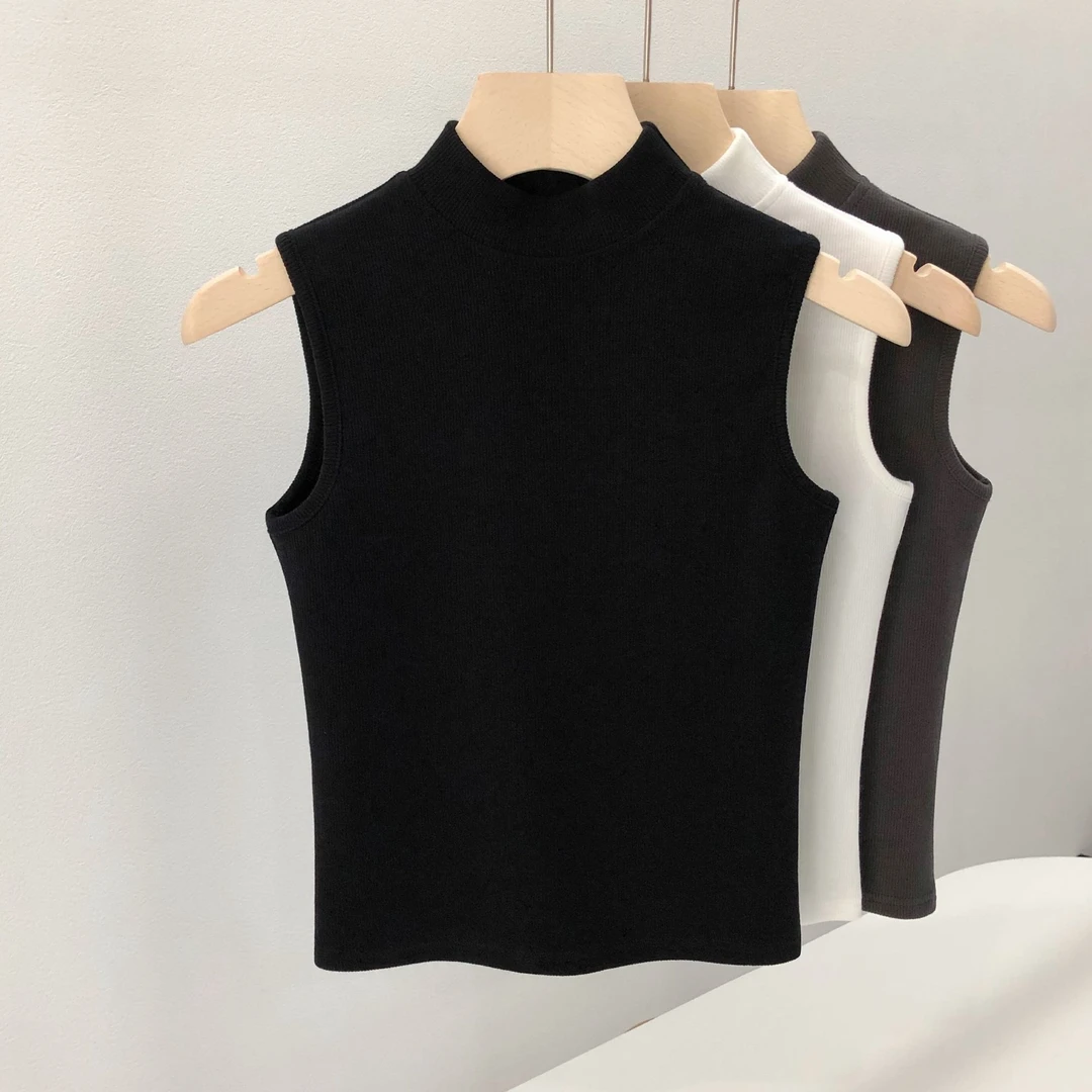 夏季新款半高领背心美式小半领无袖修身T恤女气质打底上衣显瘦潮