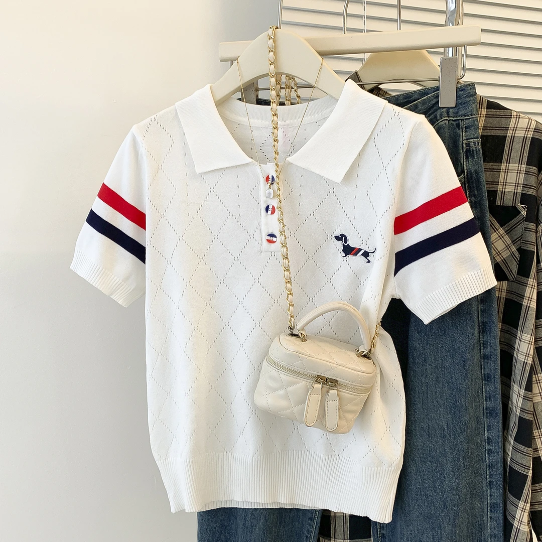 白色冰丝polo领上衣t恤2025夏季新款短袖轻薄减龄针织衫学院风潮