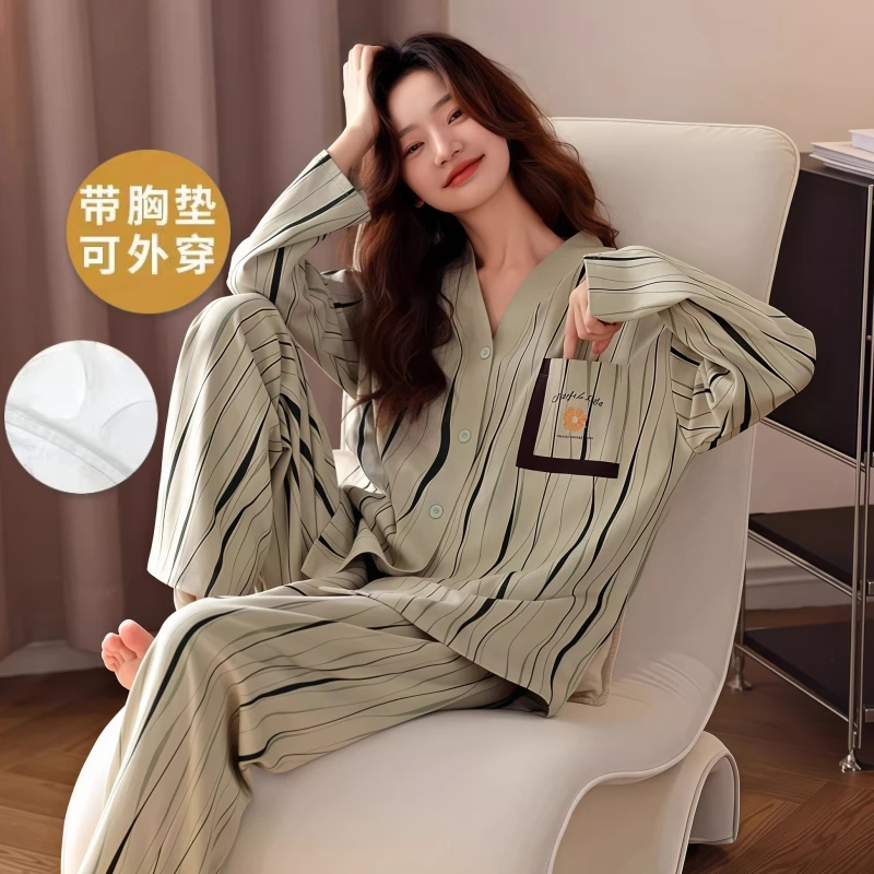 带胸垫睡衣女薄款2025新款春秋款韩版防凸点可外穿家居服套装冬季