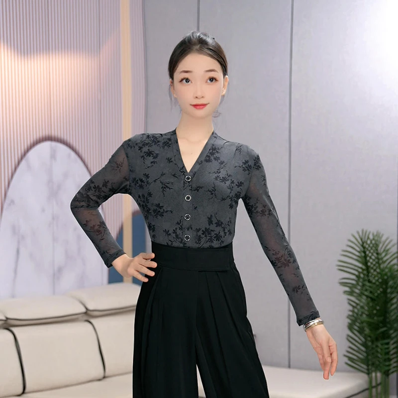 拉丁舞服优雅国标舞练功服高级感V领印花瑜伽服柔软摩登舞蹈服女