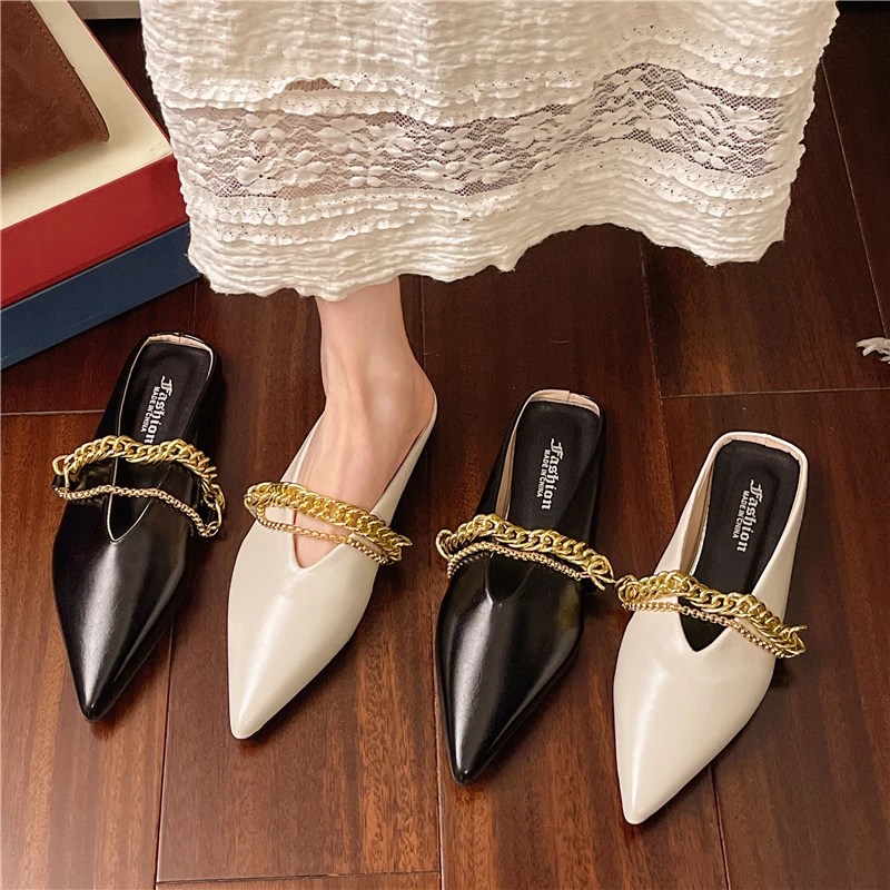 小众链条浅口包头拖鞋仙女风配裙2025春夏平底外穿尖头法式皮单鞋