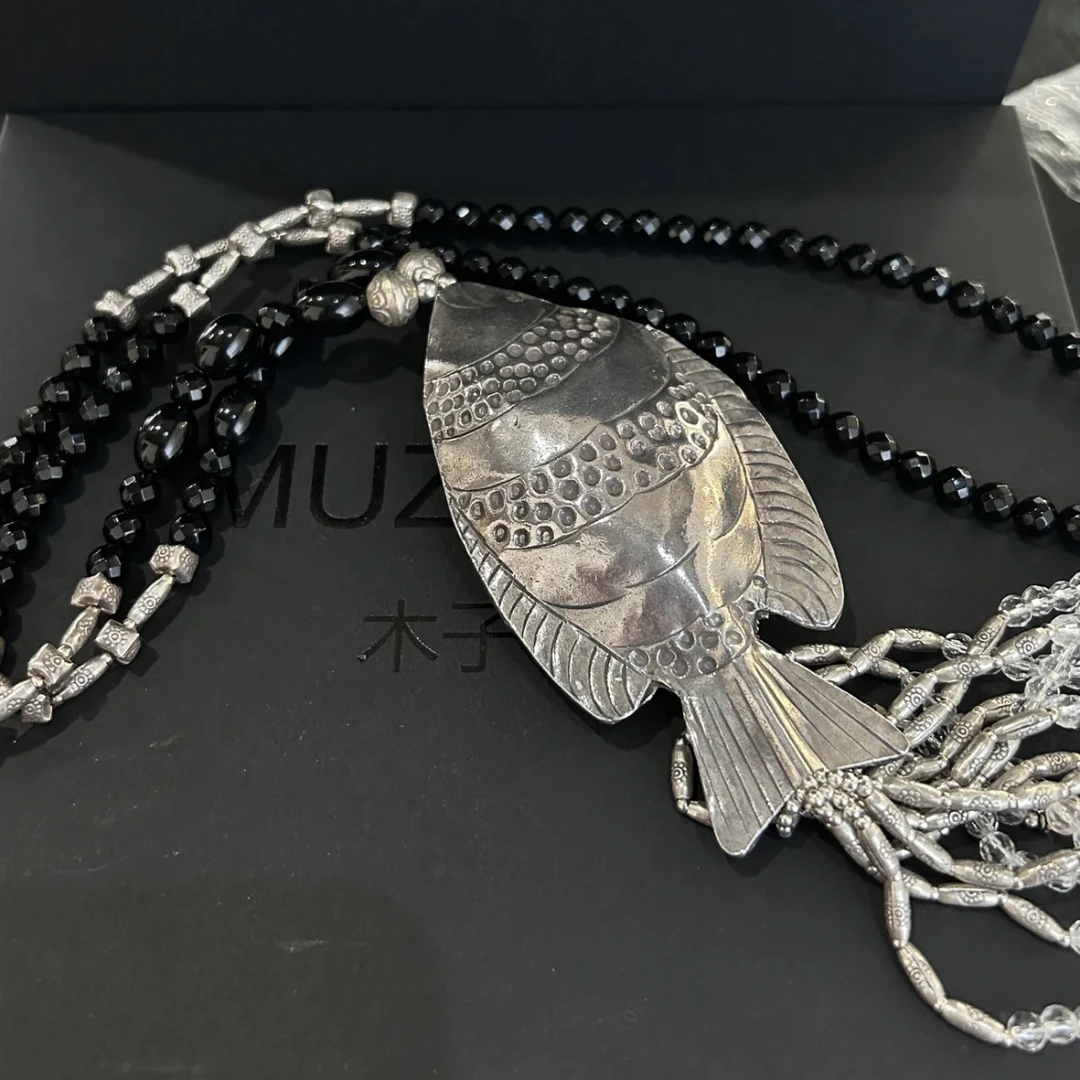 坠链均925银 木子物·海外系列s925银手作重工黑小瑙银鱼项链