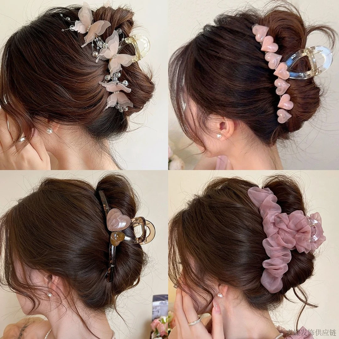 新款高级甜美风女款塑料发夹大号蝴蝶结盘发后脑勺头饰鲨鱼夹日韩