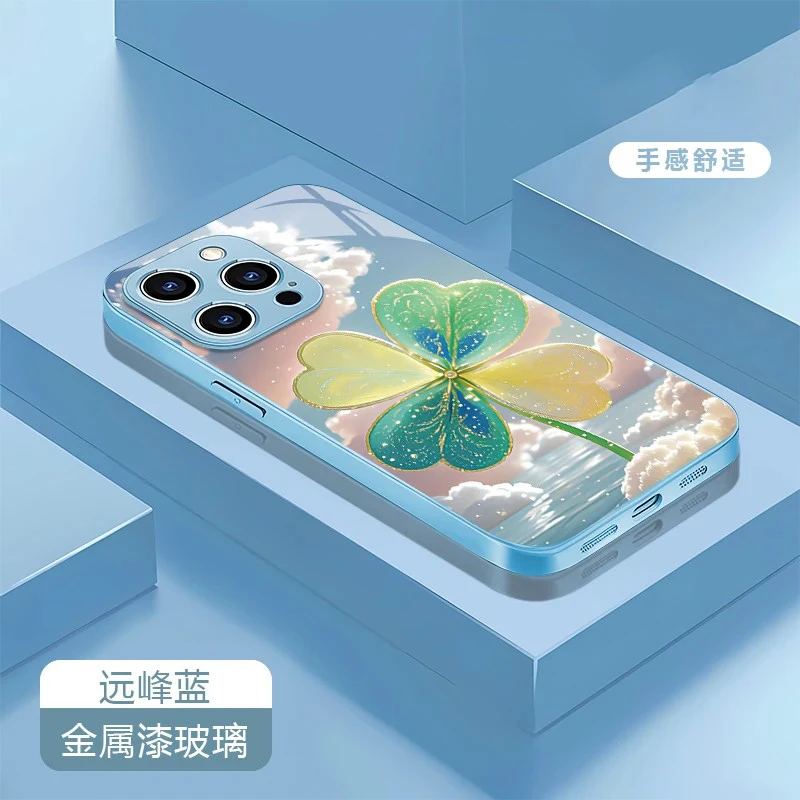 蓝色四叶草适用OPPORENO14手机壳Reno13/12/11玻璃壳findx8/7套