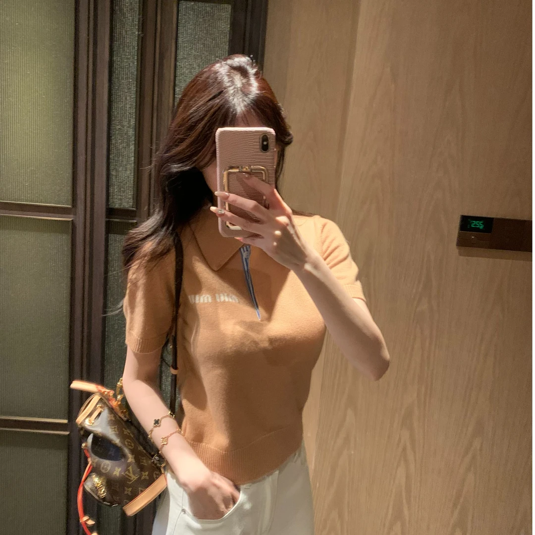 【午后绒光】POLO领高级秋季新款毛针织衫学院风上衣短袖韩版百搭